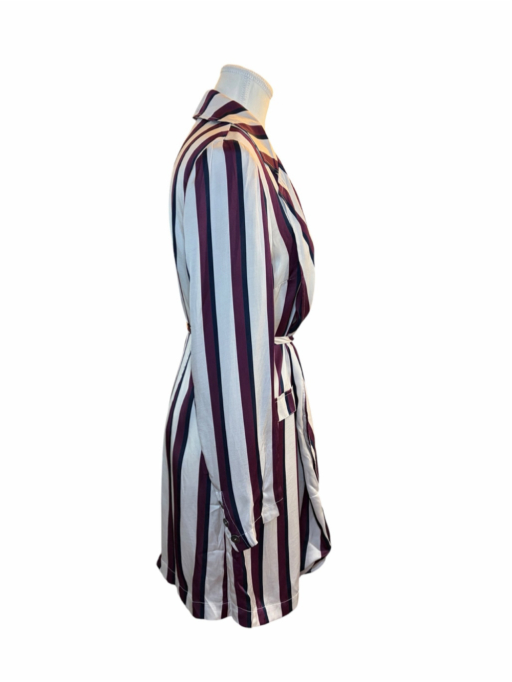 Chaser Striped Wrap Shirt Dress Ivory Burgundy Long Sleeve Tie Waist NWT Small - Picture 3 of 6